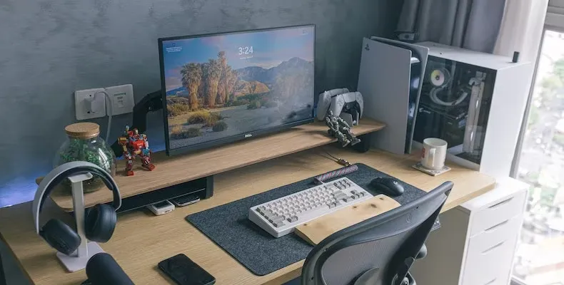 Modern ergonomic workspace setup with adjustable monitor and keyboard